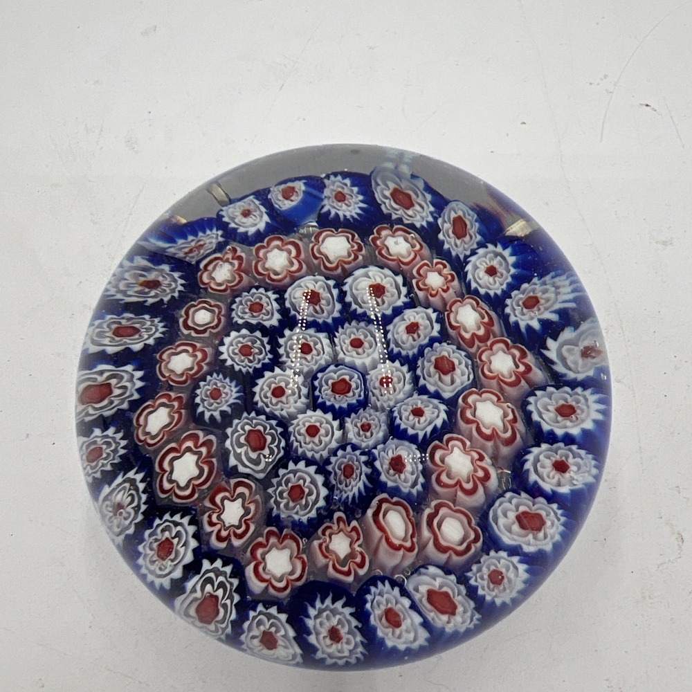 Vintage Italian Murano Red White Blue Millefiori Glass Paperweight 2.25" x 3.5"